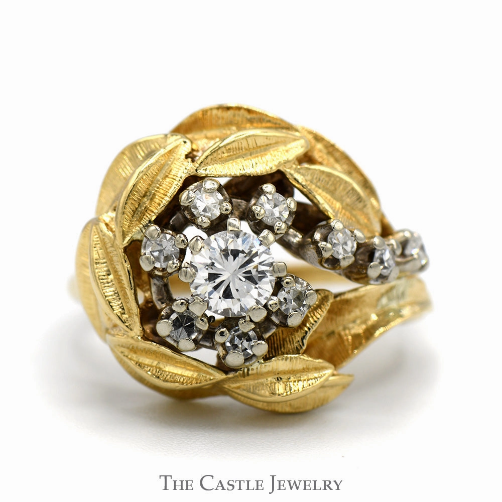 Minimalist Symbol Amazing Symbol 1/2cttw Floral Inspired Cluster Ring with Leaf Designed Halo in 14k Yellow Gold