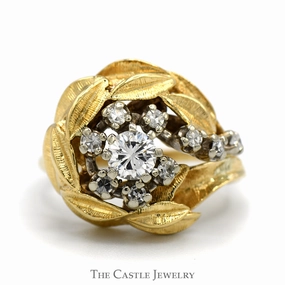 Minimalist Symbol Amazing Symbol 1/2cttw Floral Inspired Cluster Ring with Leaf Designed Halo in 14k Yellow Gold