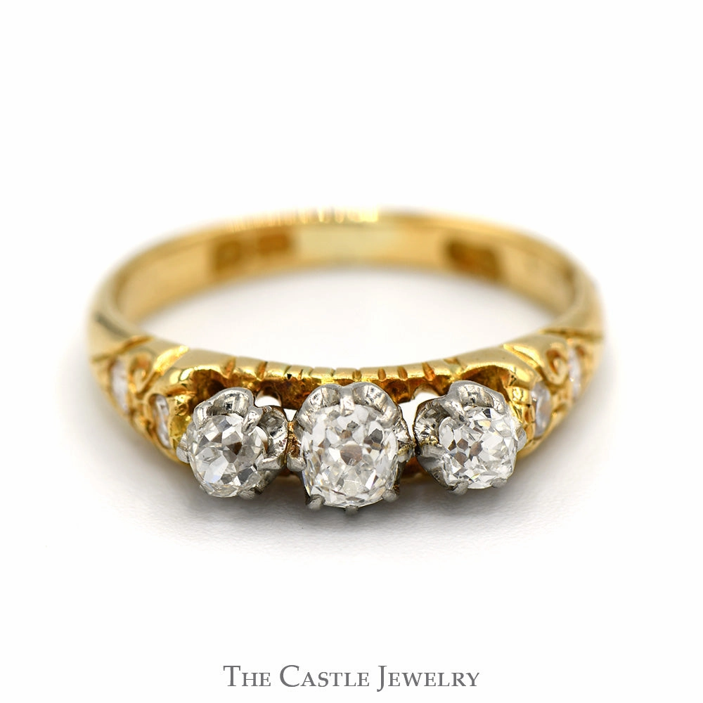 Scratch Proof Luxurious design 3 Stone Old Mine Cut Diamond Ring with Diamond Accented Sides in 10k Yellow Gold