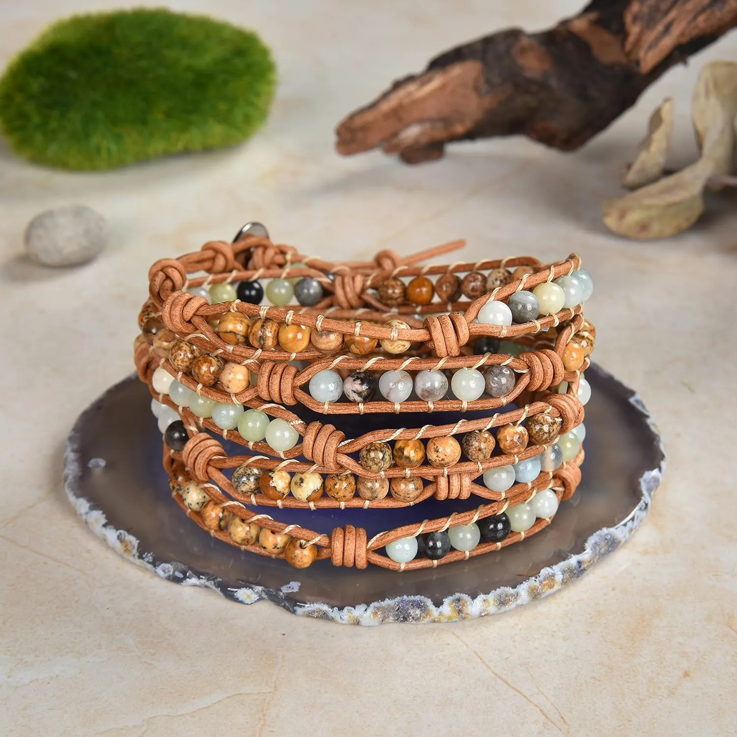 MGR MY GEMS ROCK! 35-Inch Long Multi-Layer Hand Crafted Gemstone and Crystal Multi-Stone Beaded on Genuine Leather Boho Style Stackable Super Wrap Bracelet, up to 5 Wraps.