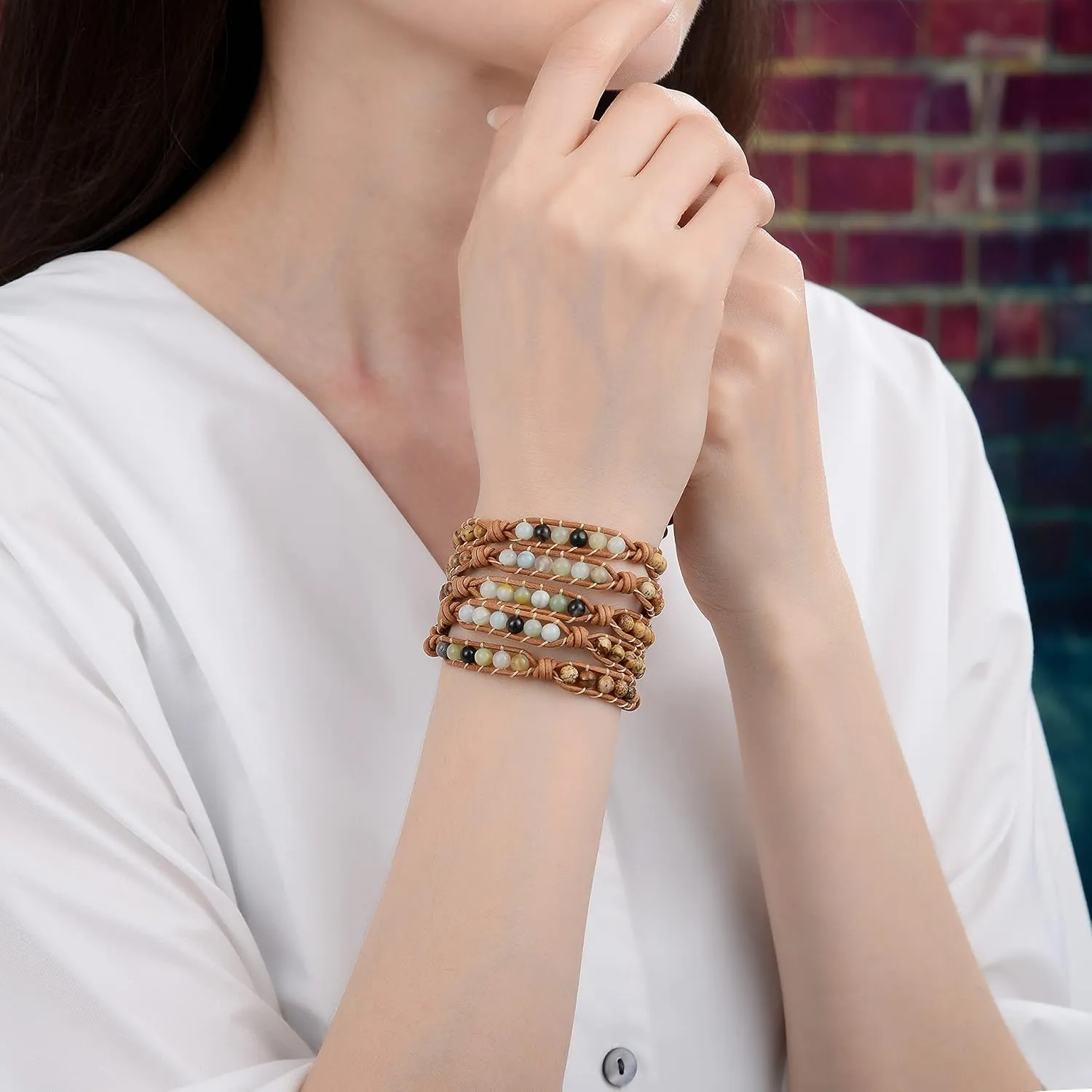 MGR MY GEMS ROCK! 35-Inch Long Multi-Layer Hand Crafted Gemstone and Crystal Multi-Stone Beaded on Genuine Leather Boho Style Stackable Super Wrap Bracelet, up to 5 Wraps.