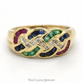 Fantastic Embellishment Timeless Accent Woven Multi Gemstone Ring with Diamond Accents in 14k Yellow Gold