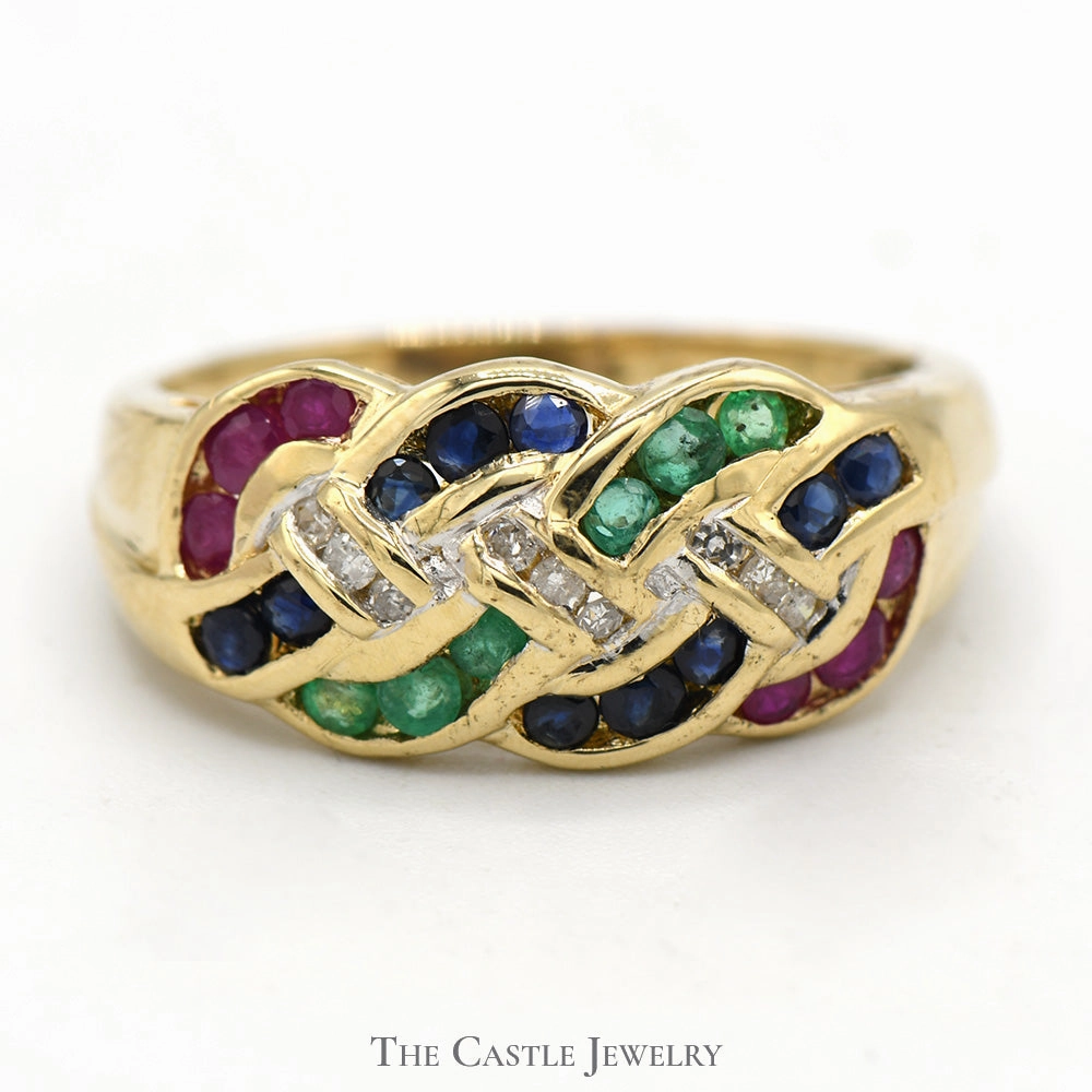 Fantastic Embellishment Timeless Accent Woven Multi Gemstone Ring with Diamond Accents in 14k Yellow Gold