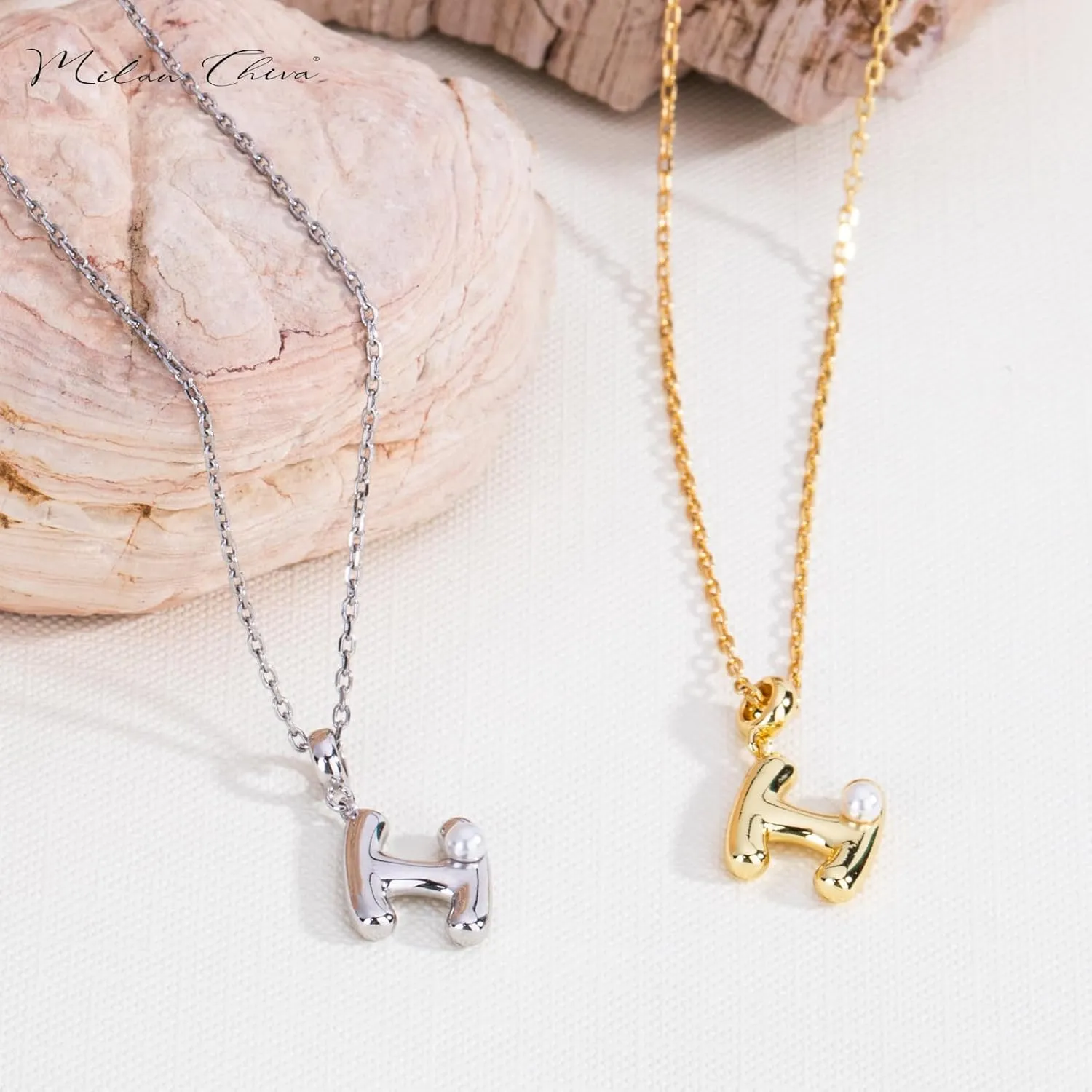 Milan Chiva Bubble Initial Letter Pendant Necklaces for Women 14K Gold Plated Puffy Tiny Letter A-Z Dainty Necklace with Cute Simulated Pearl