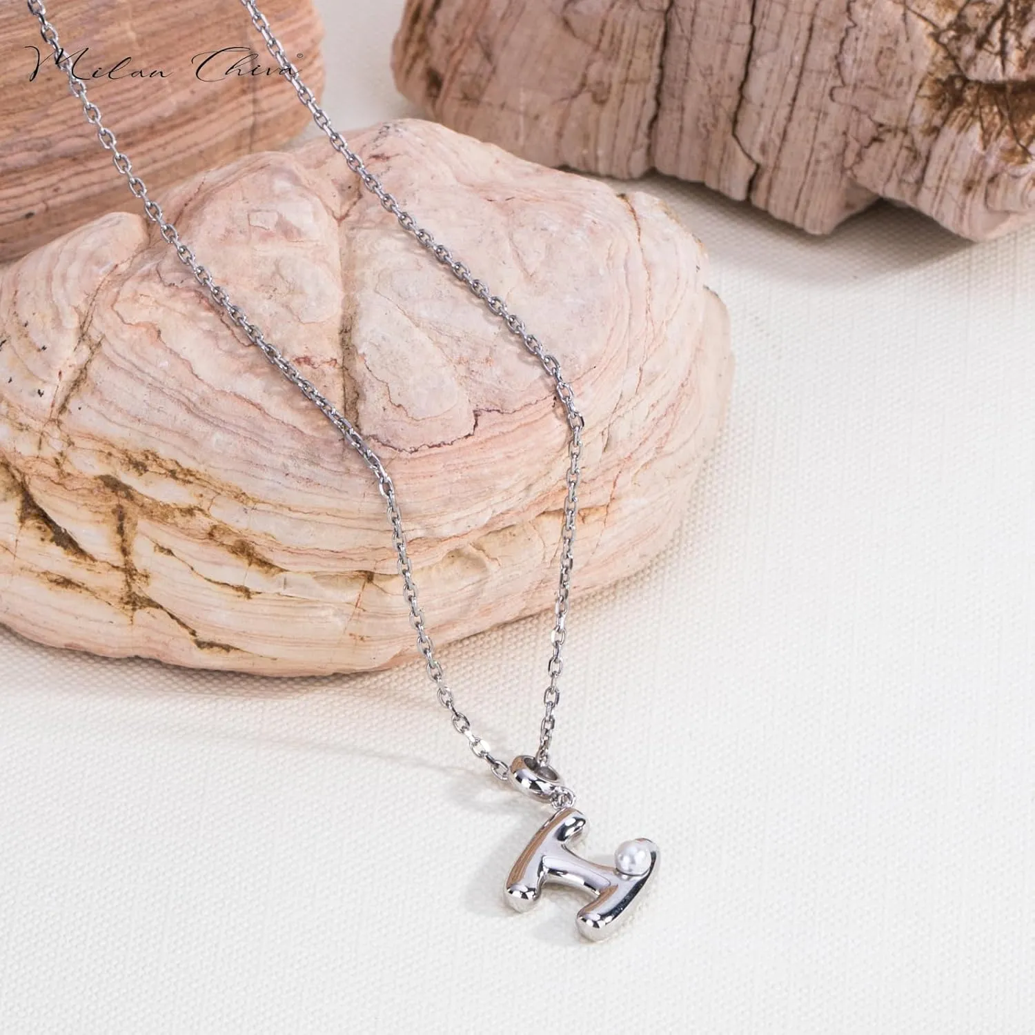 Milan Chiva Bubble Initial Letter Pendant Necklaces for Women 14K Gold Plated Puffy Tiny Letter A-Z Dainty Necklace with Cute Simulated Pearl