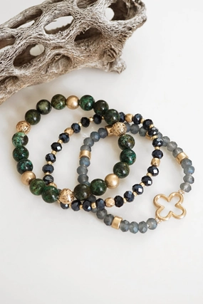 Seamless Experience Clover Beaded Bracelet Set Semi Precious Gold tone - Green Grey Black