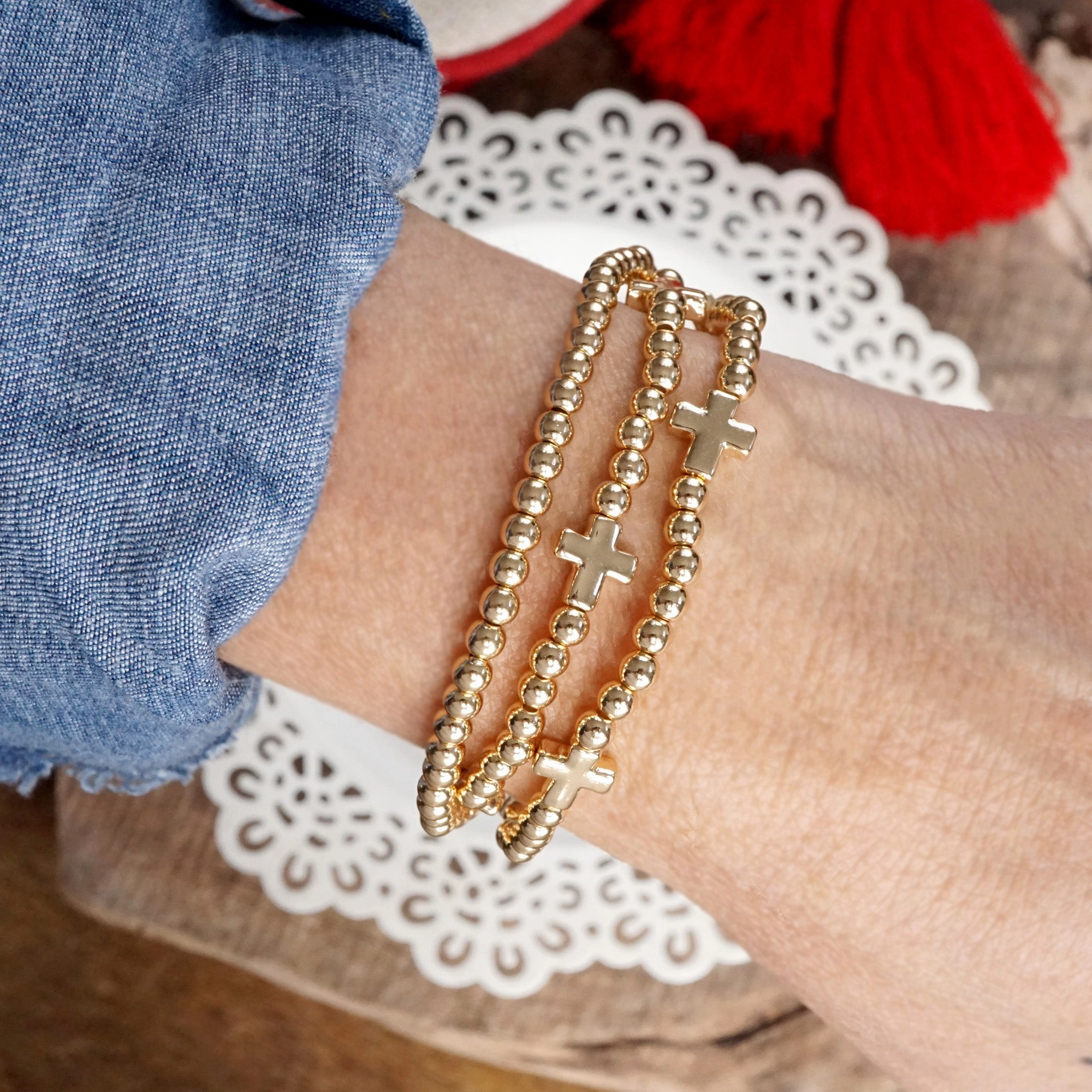 Generational Perspective Instant Clarity Mini Sideways Cross Bracelet Set Ball Beads Gold Tone