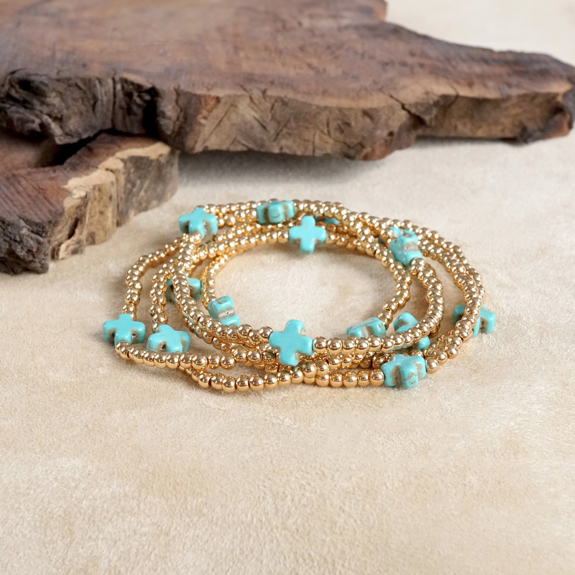 Mini Stone Cross Bracelet Stack with Gold Ball Beads Turquoise Black White Vibrant Personality