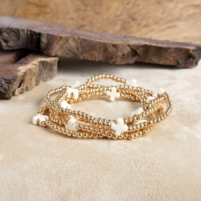 Mini Stone Cross Bracelet Stack with Gold Ball Beads Turquoise Black White Limitless Detail Pan-Regional Amalgamations