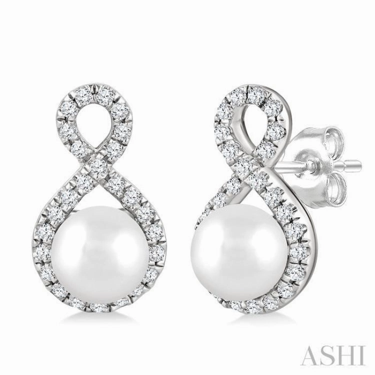 Soft Finish Subtle Beauty 5 MM Cultured Pearls and 1/5 Ctw Single Cut Diamond Petite Earrings 10K White Gold