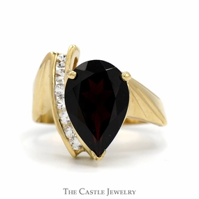 Stylish Article Classic Style Pear Cut Garnet Ring with White Sapphire Accents in 10k Yellow Gold Bypass Mounting