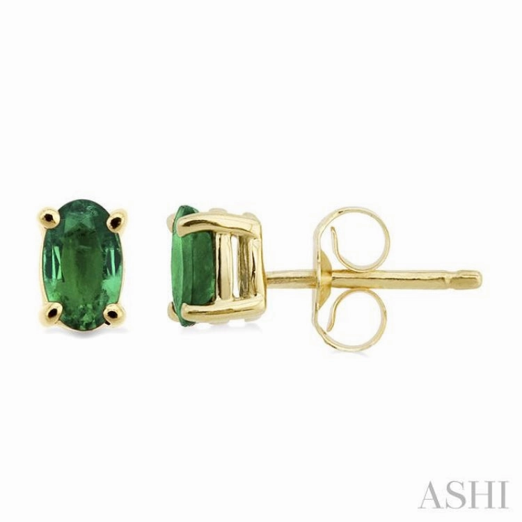 5x3 MM Oval Cut Emerald Stud Earrings in 14K Yellow Gold Sleek Texture Everyday Shine