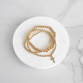 Minimal Cross charm Stretchy Bracelet Set in Gold tone with Ball Beads Magical Sight