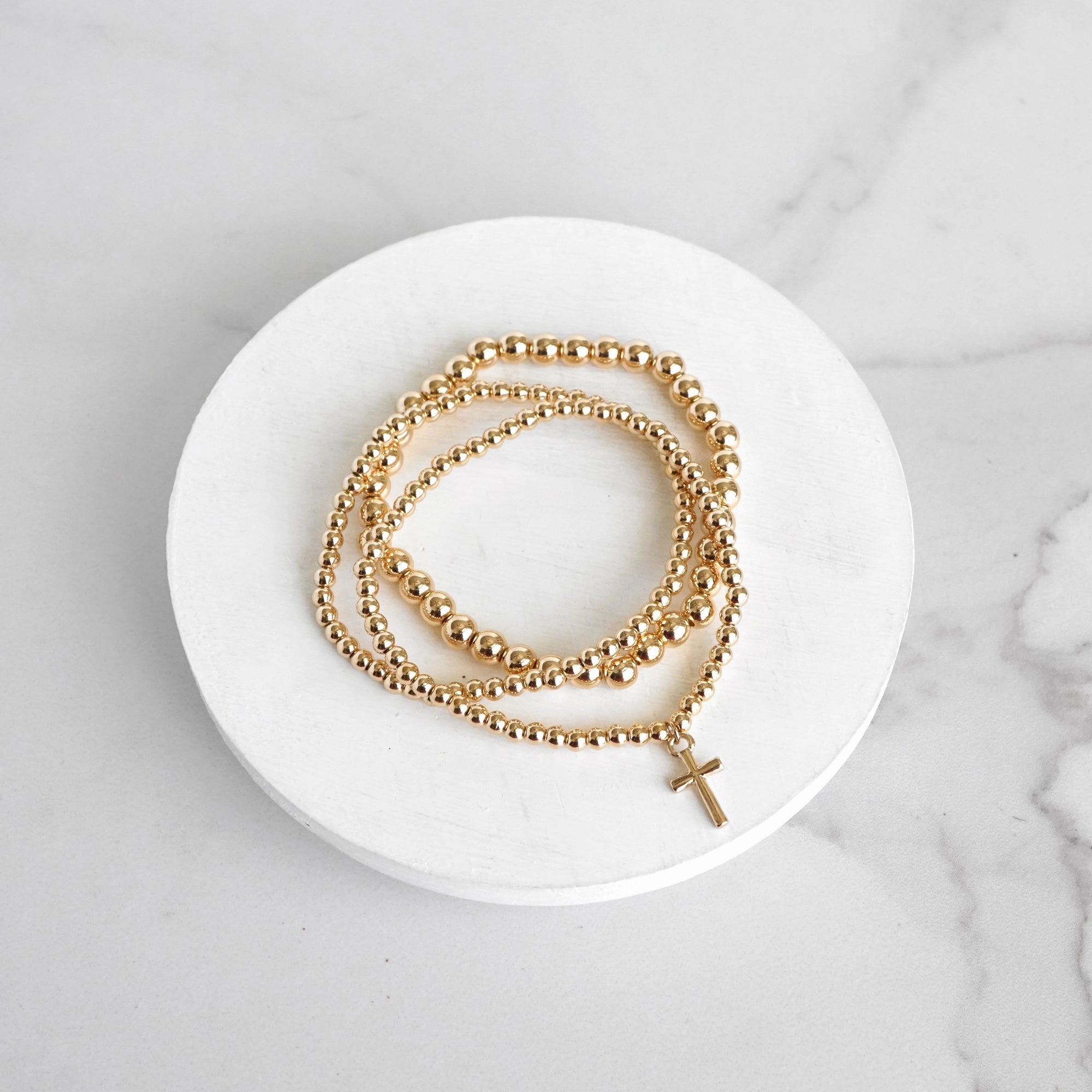 Minimal Cross charm Stretchy Bracelet Set in Gold tone with Ball Beads Magical Sight