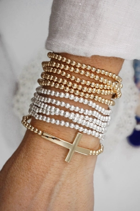 Minimal Cross Stretchy Bracelet in Gold tone with Ball Beads Group Favorite Always Relevant