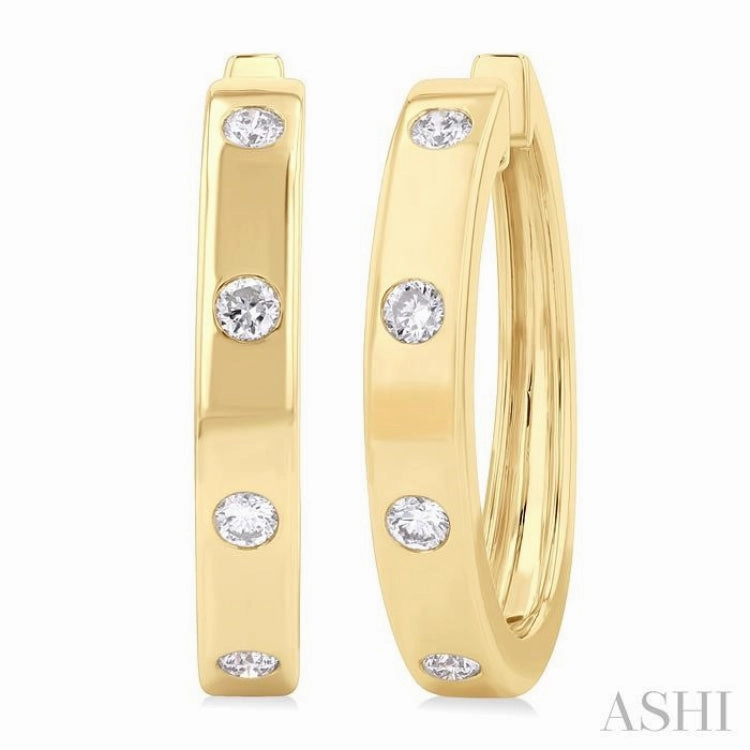 Classic Finish 1/3 Ctw Flush Bezel Set Diamond Fashion Hoop Earring in 14K Yellow Gold