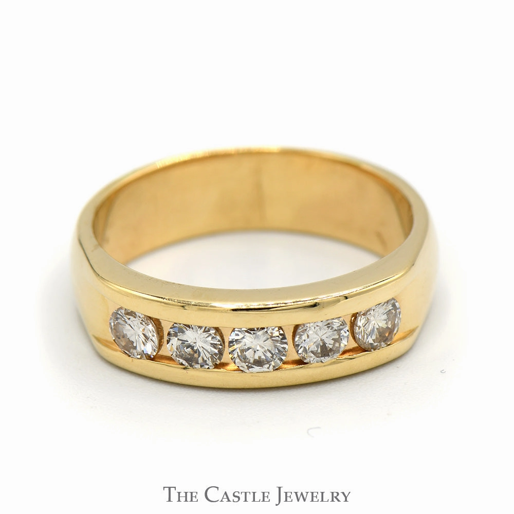 User Reviewed 3/4cttw 5 Channel Set Round Diamond Men's Wedding Band in 14k Yellow Gold
