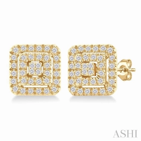 Modern Edge 1/5 Ctw Double Halo Square Shape Petite Round Cut Diamond Fashion Stud Earring in 10K Yellow Gold