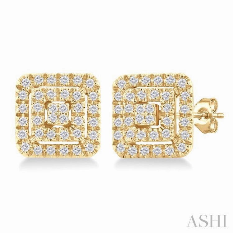 Modern Edge 1/5 Ctw Double Halo Square Shape Petite Round Cut Diamond Fashion Stud Earring in 10K Yellow Gold