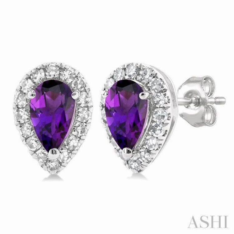5x3 MM Pear Shape Amethyst and 1/8 Ctw Single Cut Diamond Halo Semi-Precious Stud Earrings in 14K White Gold Classic Charm