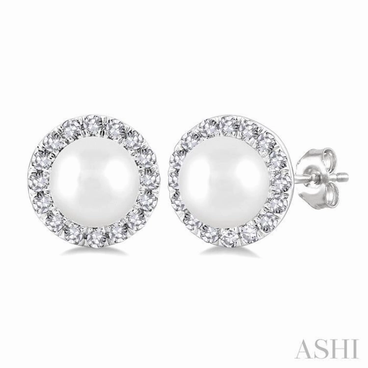 4.5 MM White Cultured Pearl and 1/8 Ctw Round Cut Diamond Halo Stud Earrings in 10K White Gold Petite Touch