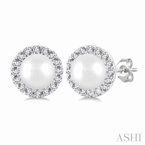 4.5 MM White Cultured Pearl and 1/8 Ctw Round Cut Diamond Halo Stud Earrings in 10K White Gold Petite Touch