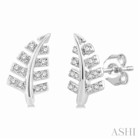 1/10 Ctw Fern Leaf Petite Round Cut Diamond Fashion Stud Earring in 10K White Gold Striking Detail