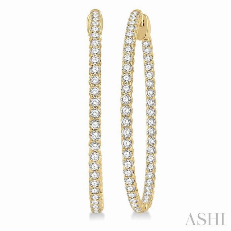 2 Ctw Inside-Out Round Cut Diamond 1 1/2 Inch Hoop Earrings in 14K Yellow Gold Simple Layer Comfort Style