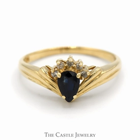 Designer Product Pear Shaped Sapphire Ring with Round Diamond Accents in 14k Yellow Gold