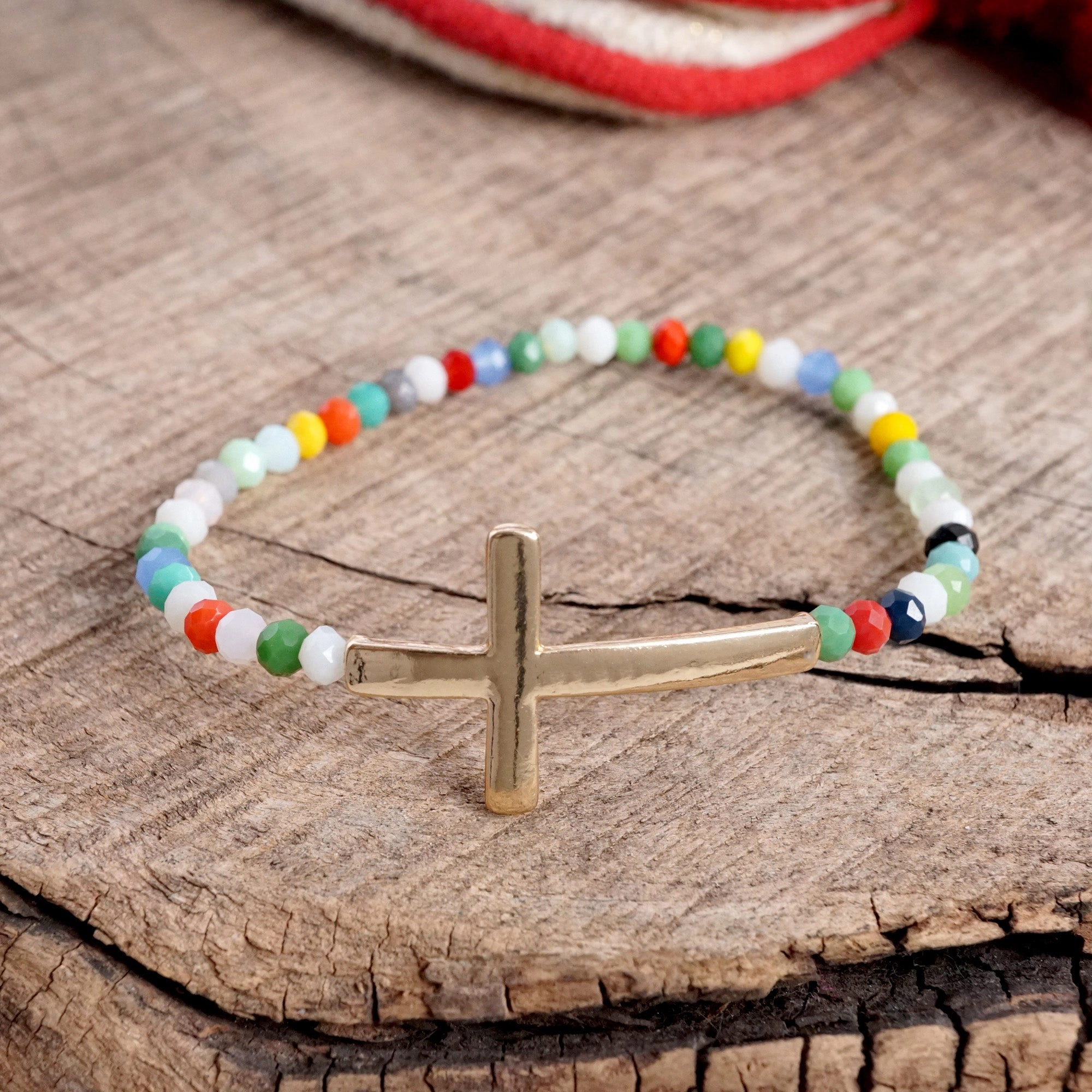 Bright Future Unfettered Combinations Minimal Sideways Cross Bracelet with Glass Beads Gold tone