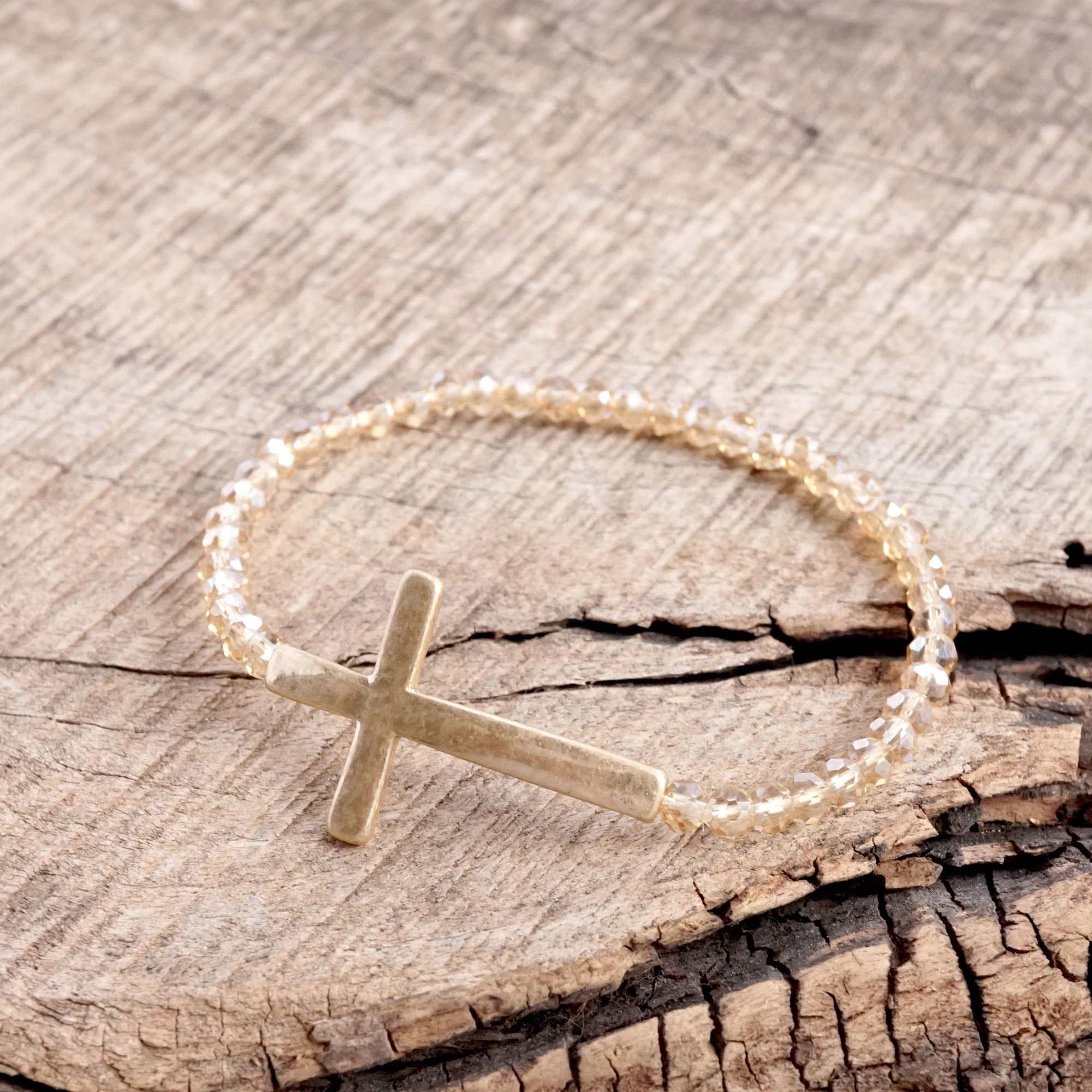 Minimal Sideways Cross Bracelet with Glass Beads Gold tone Cream Of The Crop Instant Vision