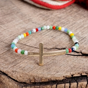Bright Future Unfettered Combinations Minimal Sideways Cross Bracelet with Glass Beads Gold tone