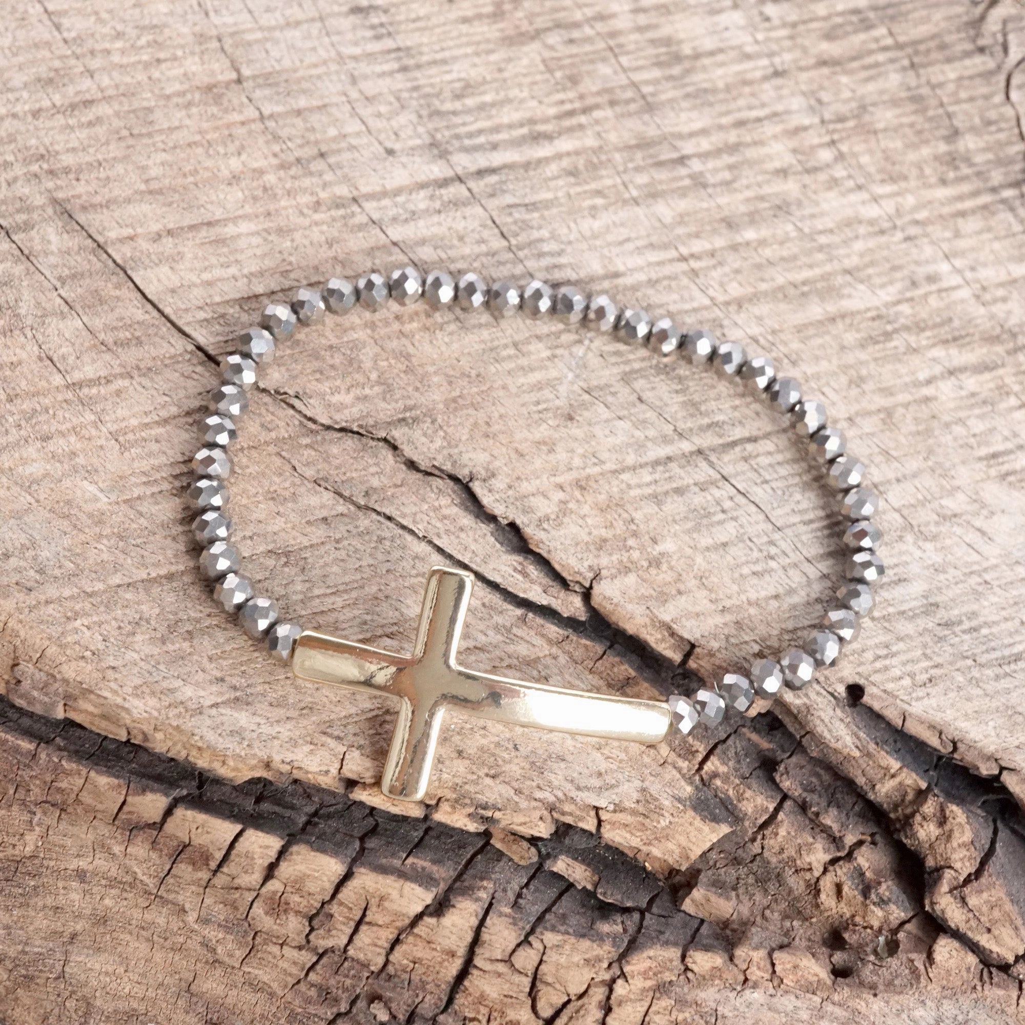 Cross-Cultural Mixes Minimal Sideways Cross Bracelet with Glass Beads Gold tone