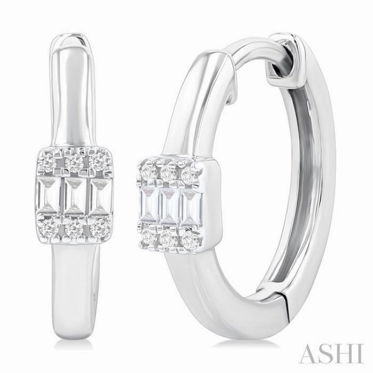 Enchanted Look 1/10 Ctw Petite Rectangular Center Fusion Baguette and Round Cut Diamond Fashion Huggies in 10K White Gold