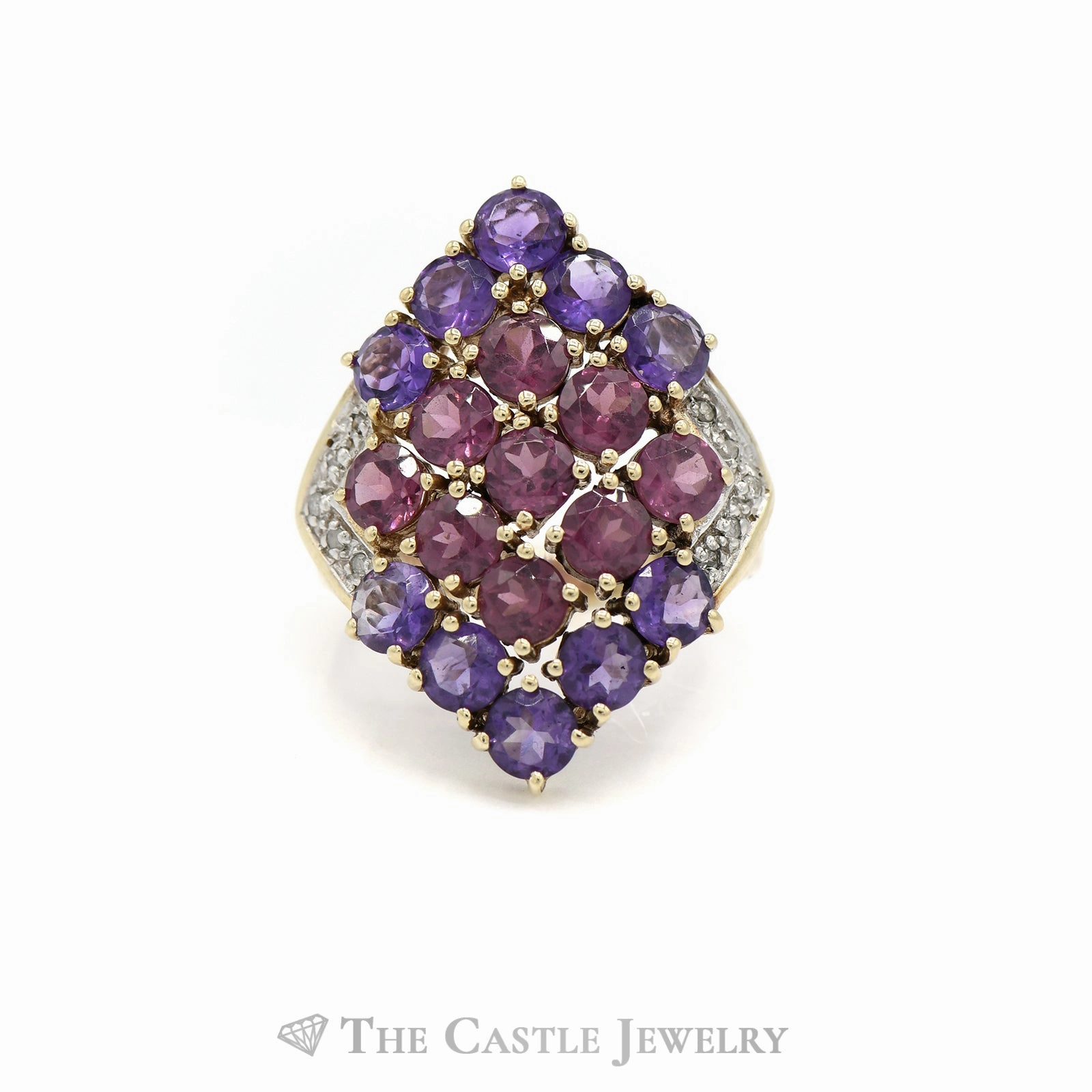 Fine Symbol Affordable Style Rhodolite Garnet and Amethyst Cluster Ring with Diamond Accents in 10k Yellow Gold