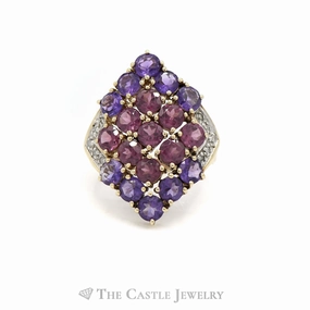 Fine Symbol Affordable Style Rhodolite Garnet and Amethyst Cluster Ring with Diamond Accents in 10k Yellow Gold