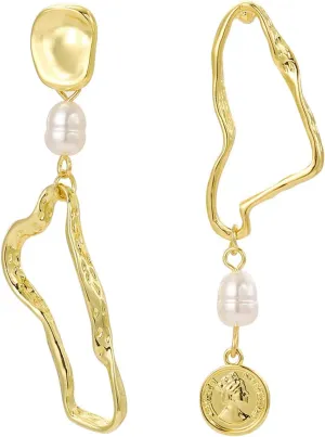 Minimalist Asymmetrical Earrings for Women Irregular Geometry Drop Dangle Earrings Fashion Jewelry Pearl Drop Earrings Alloy Gold Mismatch Earring for Women - MY1