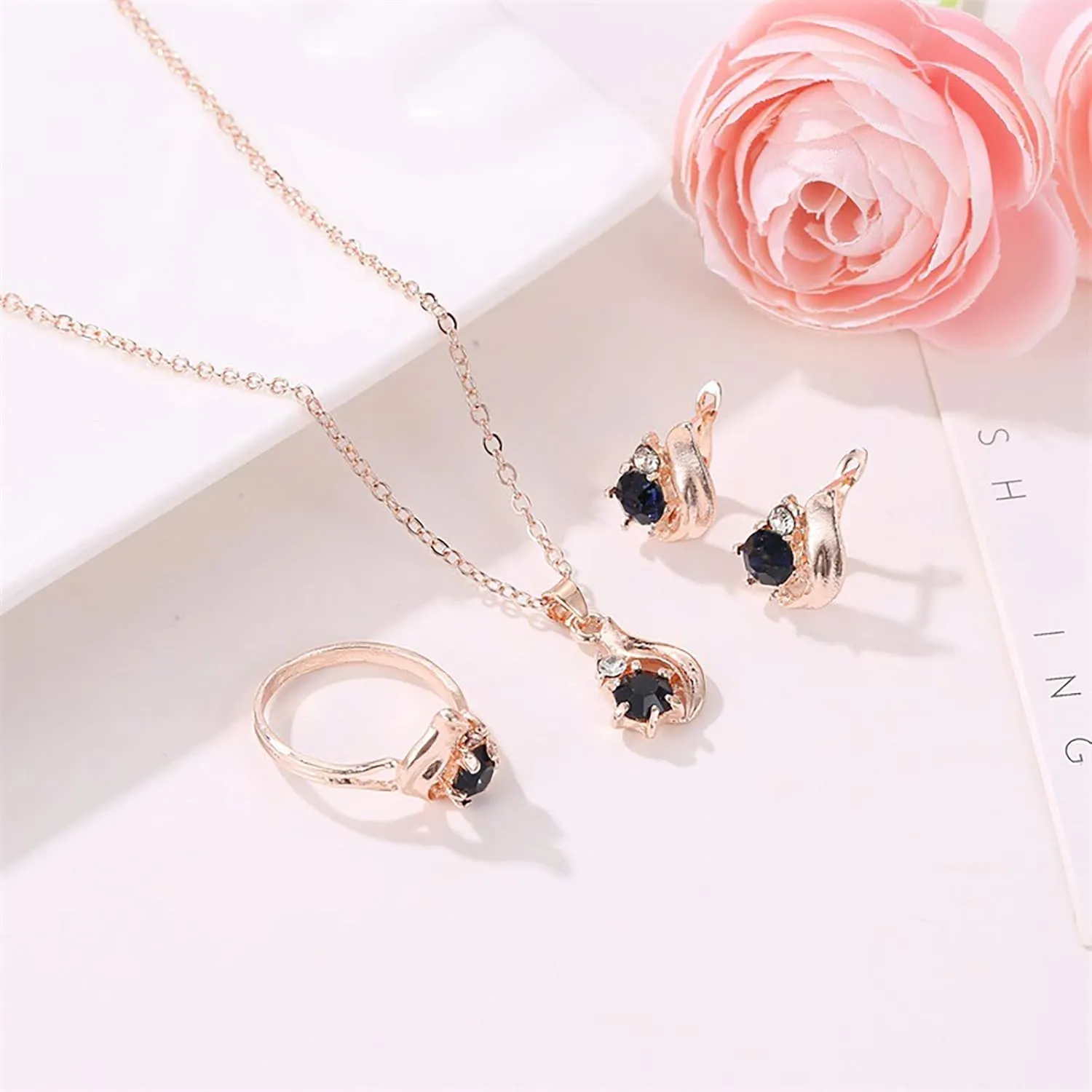 Minimalist Design Necklace Drop Necklace Set Earring Ring Three-Piece Temperament Elegant with Ring (As Shown, One Size)
