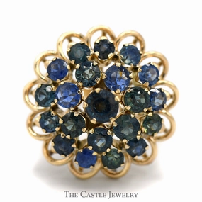Exclusive Accessory 3 Tier Sapphire Cocktail Cluster Ring with Scalloped Edge in 10k Yellow Gold