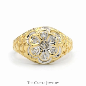 Amazing Expression 7 Round Diamond Cluster Ring with Textured Nugget Sides in 10k Yellow Gold