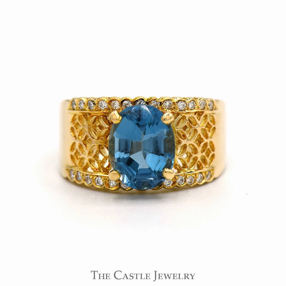 Oval Blue Topaz Open Lattice Ring with Diamond Accented Edges in 14k Yellow Gold Customizable item