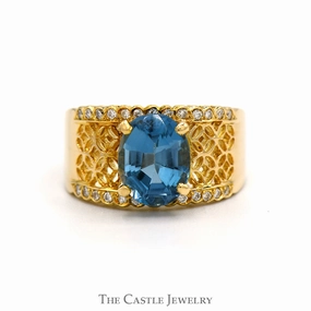 Oval Blue Topaz Open Lattice Ring with Diamond Accented Edges in 14k Yellow Gold Customizable item