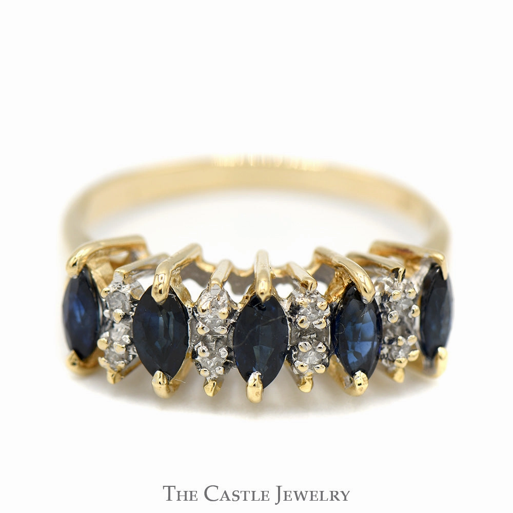 Daily Accent 5 Marquise Sapphire Band with Diamond Accents in 14k Yellow Gold