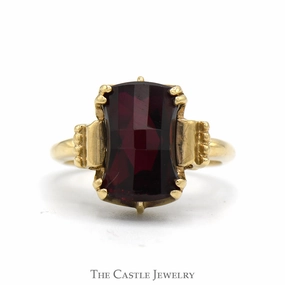 Classic Expression Fancy Rectangular Cut Garnet Ring with Beaded Detail in 10k Yellow Gold