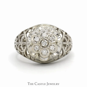 Custom Embellishment 7 Round Diamond Kentucky Cluster Ring with Open Filigree Sides in 14k White Gold