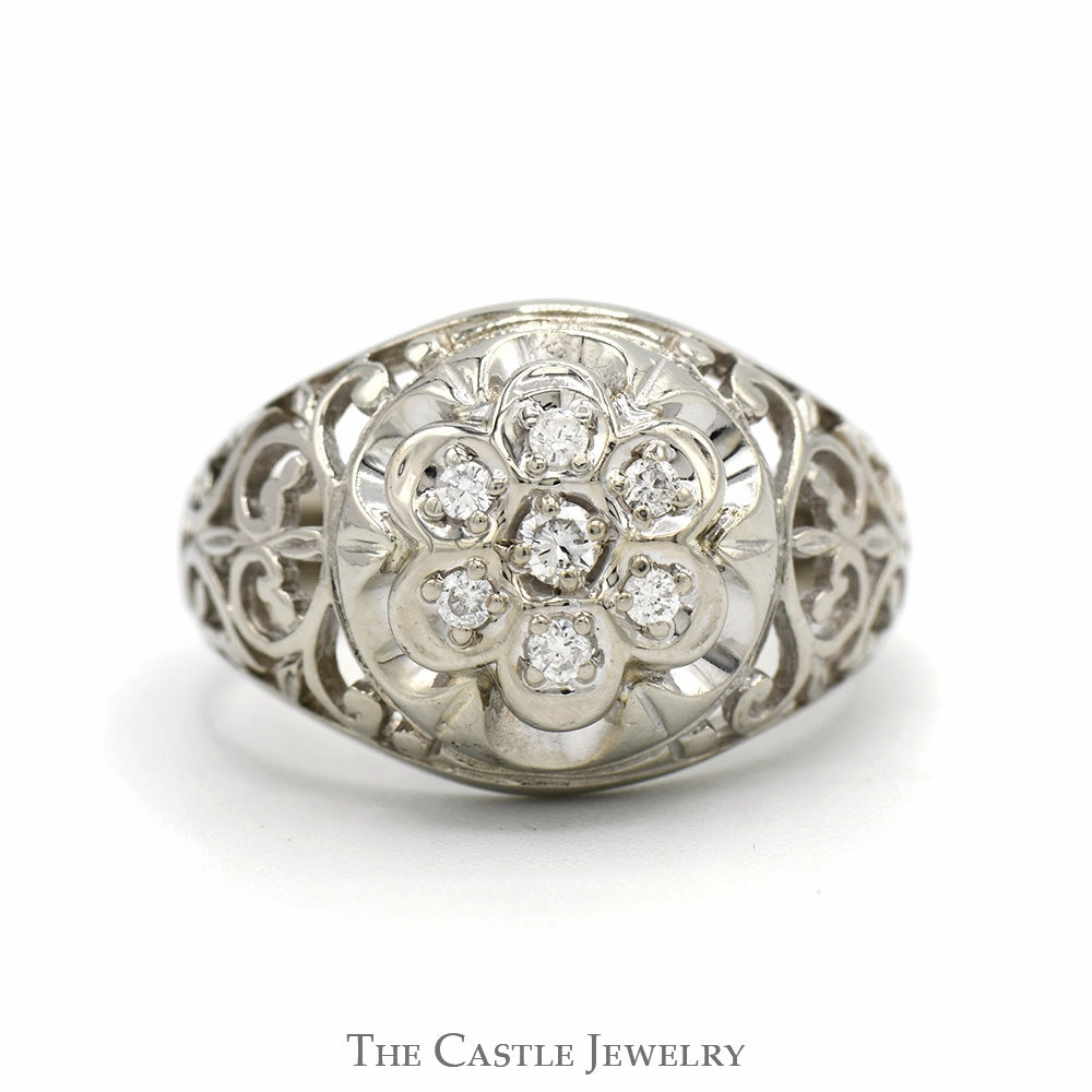 Custom Embellishment 7 Round Diamond Kentucky Cluster Ring with Open Filigree Sides in 14k White Gold
