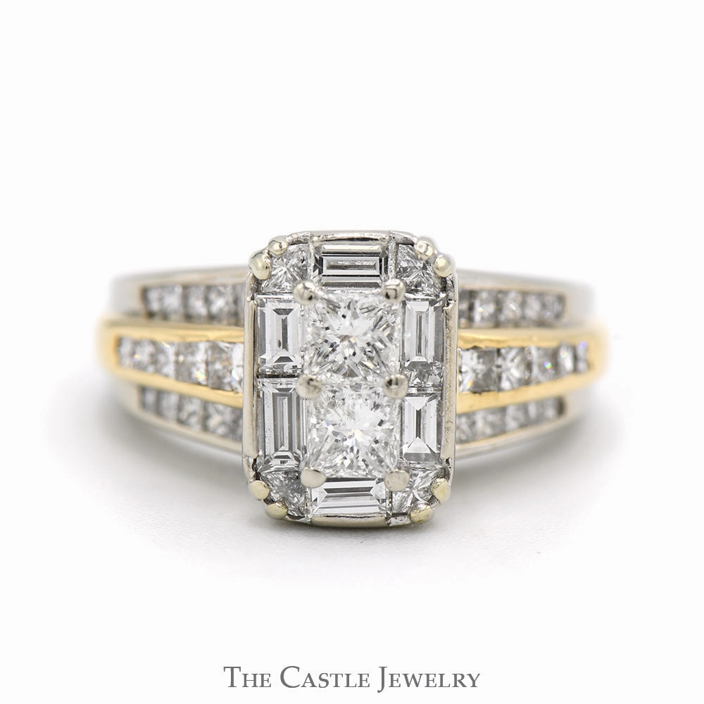 Versatile Touch Style Boost 2cttw Rectangular Shaped Round & Baguette Cut Diamond Cluster Engagement Ring in Two Tone 14k White & Yellow Gold