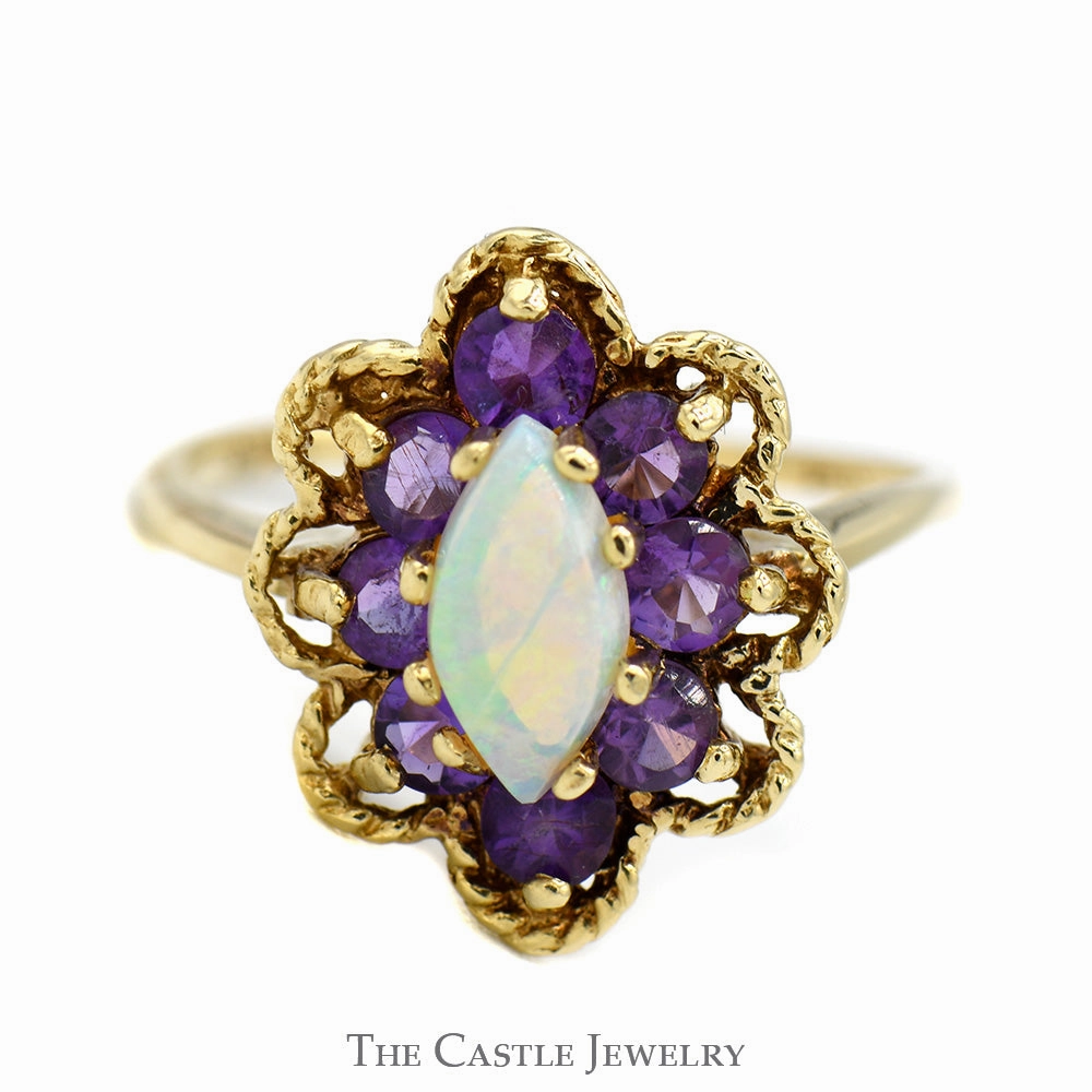 Economical Art Sparkling Decoration Marquise Opal Ring with Amethyst Halo and Floral Bezel in 14k Yellow Gold