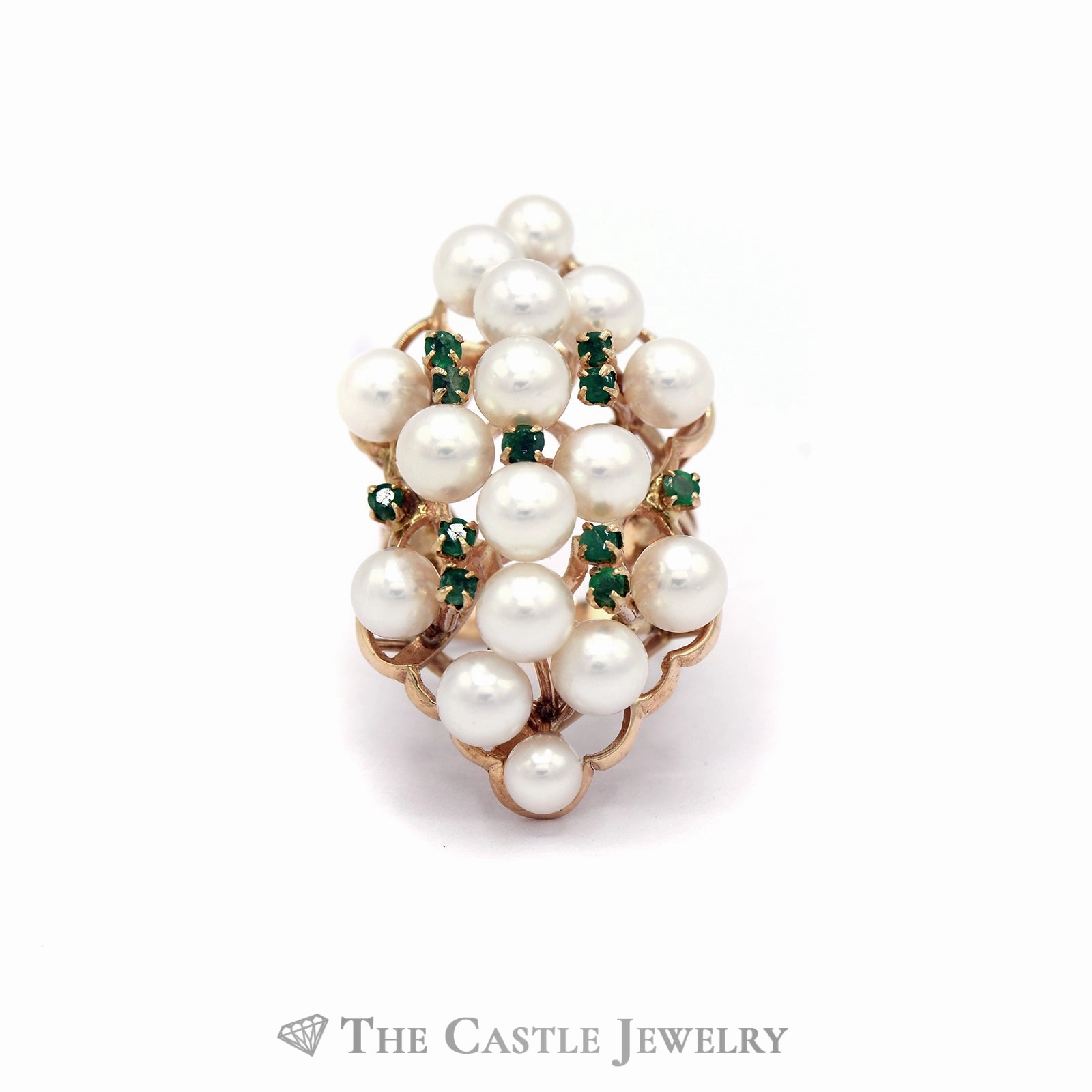 Fancy Pearl Cluster Ring with Emerald Accents in 14KT Yellow Gold Versatile Present Robust Build