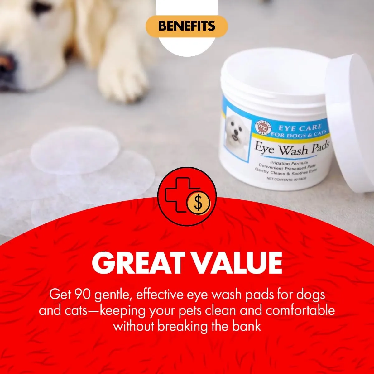 Miracle Care Eye Wash Pads For Dogs And Cats Made In USA, Soft Pet Wipes For Gently Cleaning Eyes, Sterile Cat and Dog Wipes Formulated To Remove Eye Debris, 90 Count
